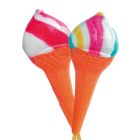 A lollipop in the shape of an ice cream cone on a wooden stick, comes individually wrapped in cellophane