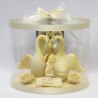 Cake topper or table centerpiece of white chocolate swans with gold decoration handmade and customized message