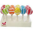 A coloured lollipop in the form of a spiral, individually wrapped in cellophane and tied with a  coloured bow