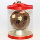 Idea regalo palla di cioccolato con neve in rilievo ai tre cioccolati confezionata in barattolo con fiocchi natalizi