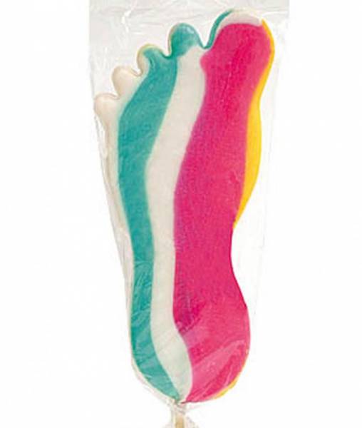 Lecca lecca gigante di zucchero a forma di impronta di un piede, con colori variegati ed assortiti e al gusto frutta.