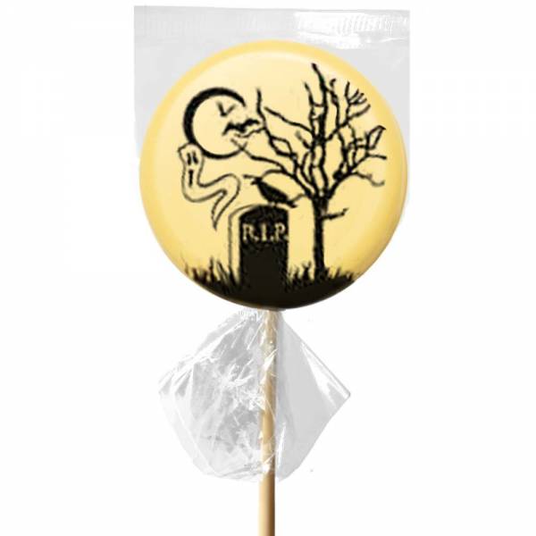 Il cimitero di Halloween stampato su lecca lecca di cioccolato bianco.