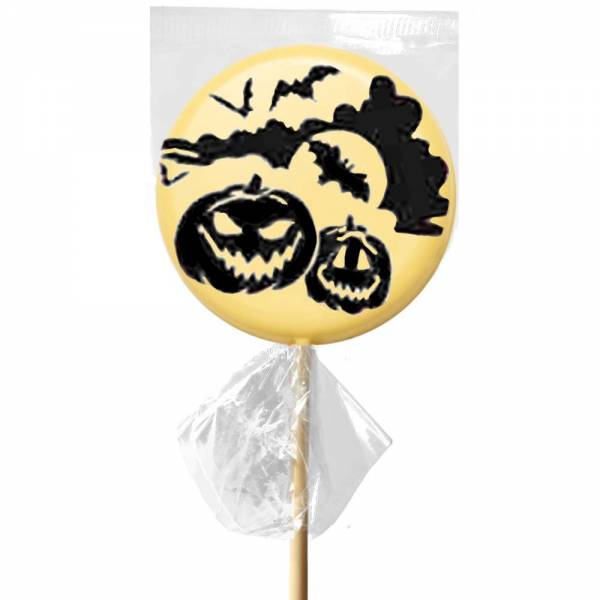 Lecca lecca di cioccolato bianco con immagini di Halloween.
