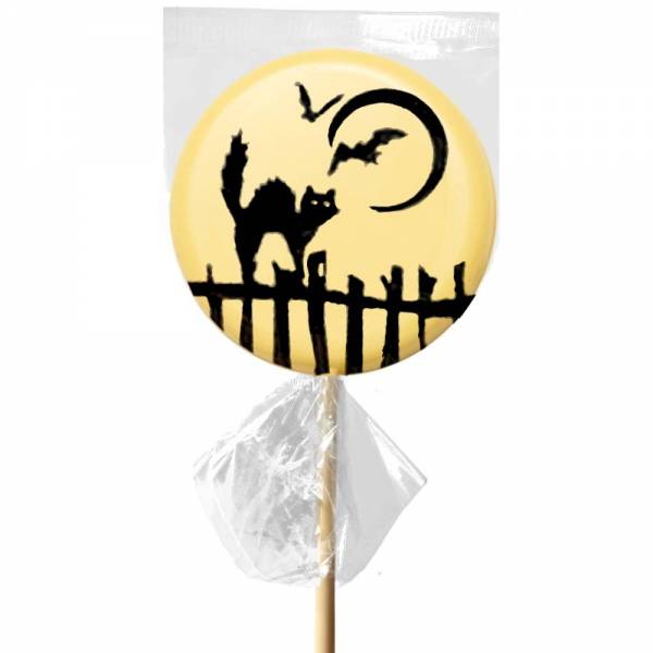 Sul lecca lecca di cioccolato bianco ecco il gatto e la luna di Halloween.