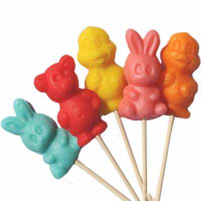 Lollipo di zucchero a forma di orsetto, coniglietto, paperella dai colori vivaci e al gusto frutta