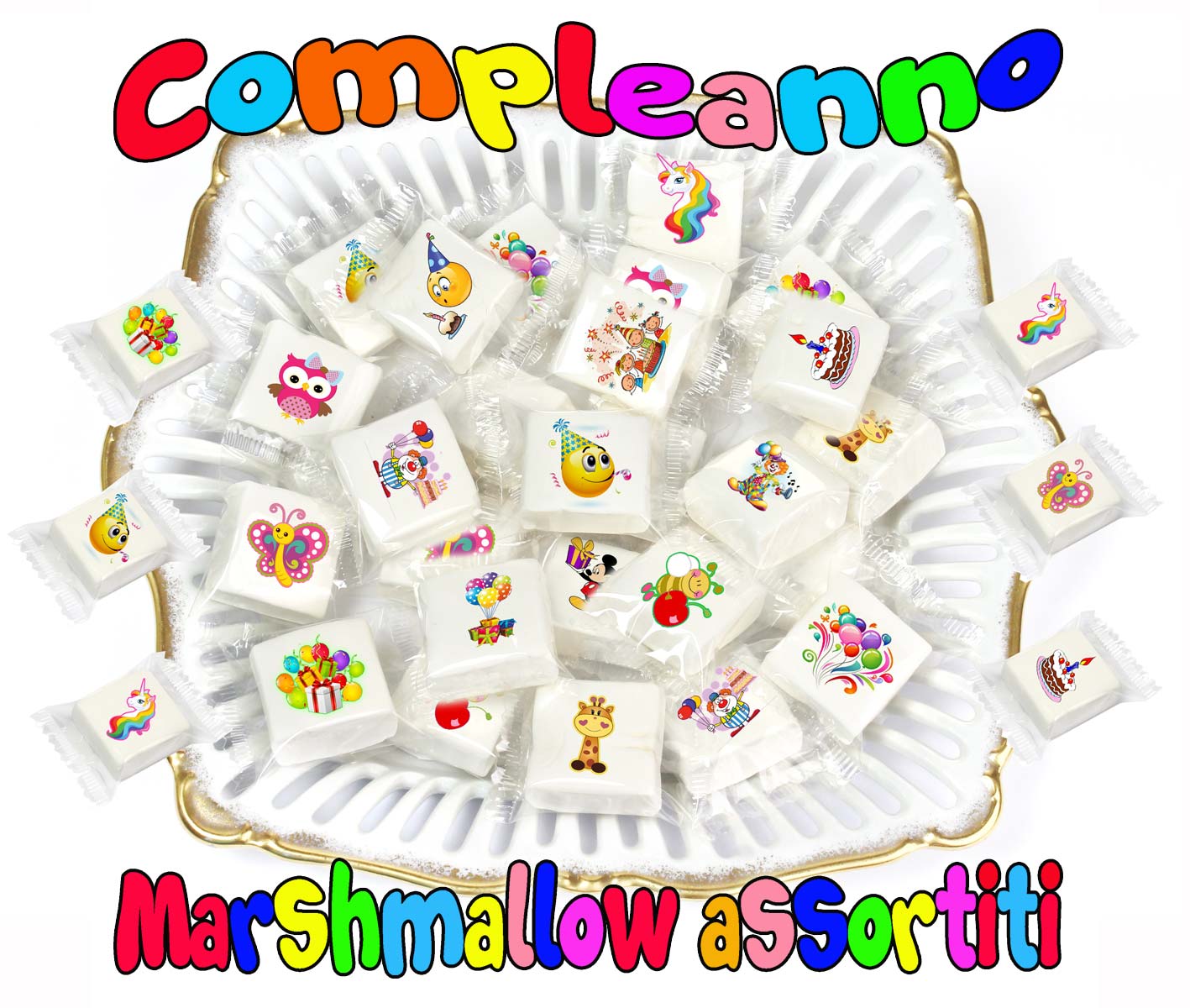Marshmallow compleanno assortito, allegro e goloso per bambini, tante  immagini divertenti con i personaggi amati dai bambini.