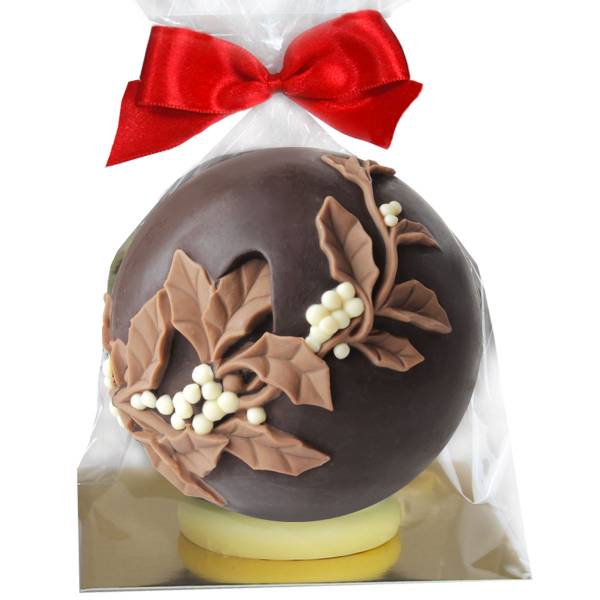 Agrifoglio su sfera natalizia di cioccolato - Cioccolato di Natale